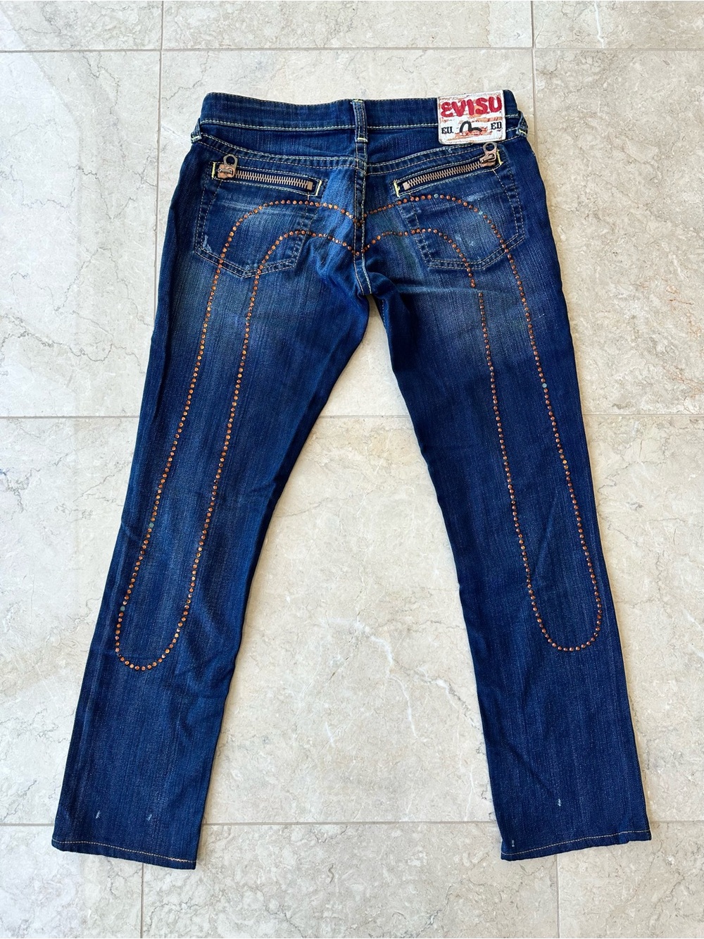 Evisu Women’s Blue Washed Denim Jeans with Copper Stud Detailing in size 27